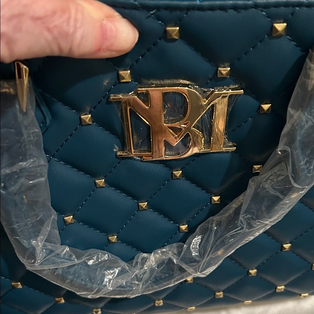 Badgley Mischka Teal blue quilted studded bowlers bag - Picture 8 of 10